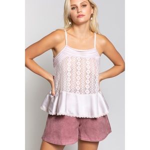 POL Spaghetti Strap Satin & Lace Peplum Cami Top